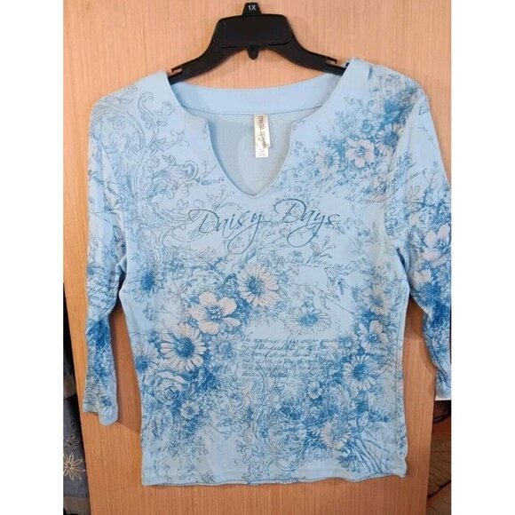 Endless Designs (M) "Daisy Days"Blue Floral Rhinestones 3/4‎ Sleeve Shirt - Picture 1 of 5